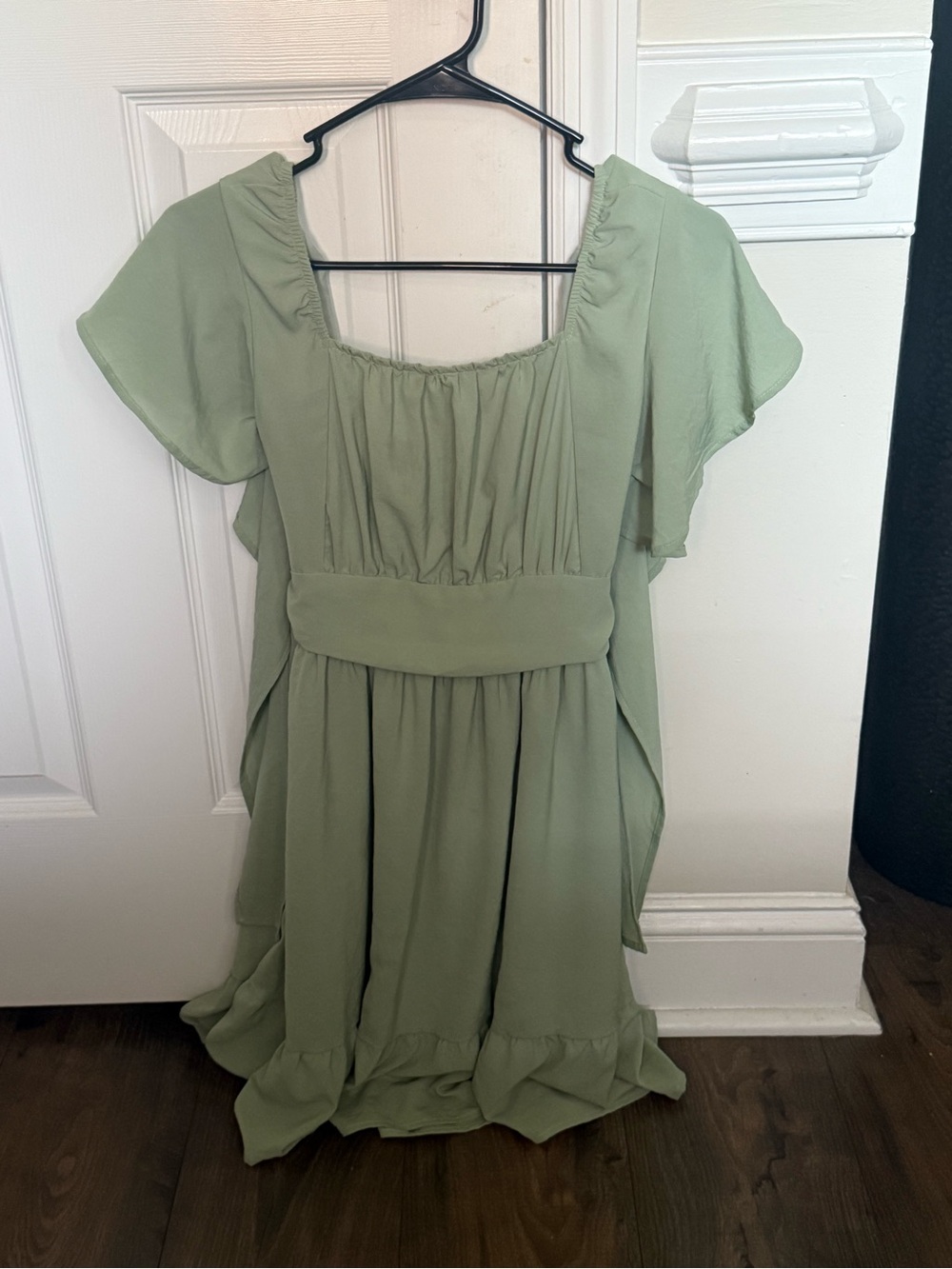 Girls Sage Green Square Neck Flutter Midi Dress